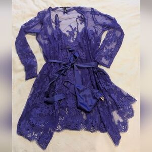 3 Piece New Victoria Secret Violet Lace Robe, Chemise, And Thong